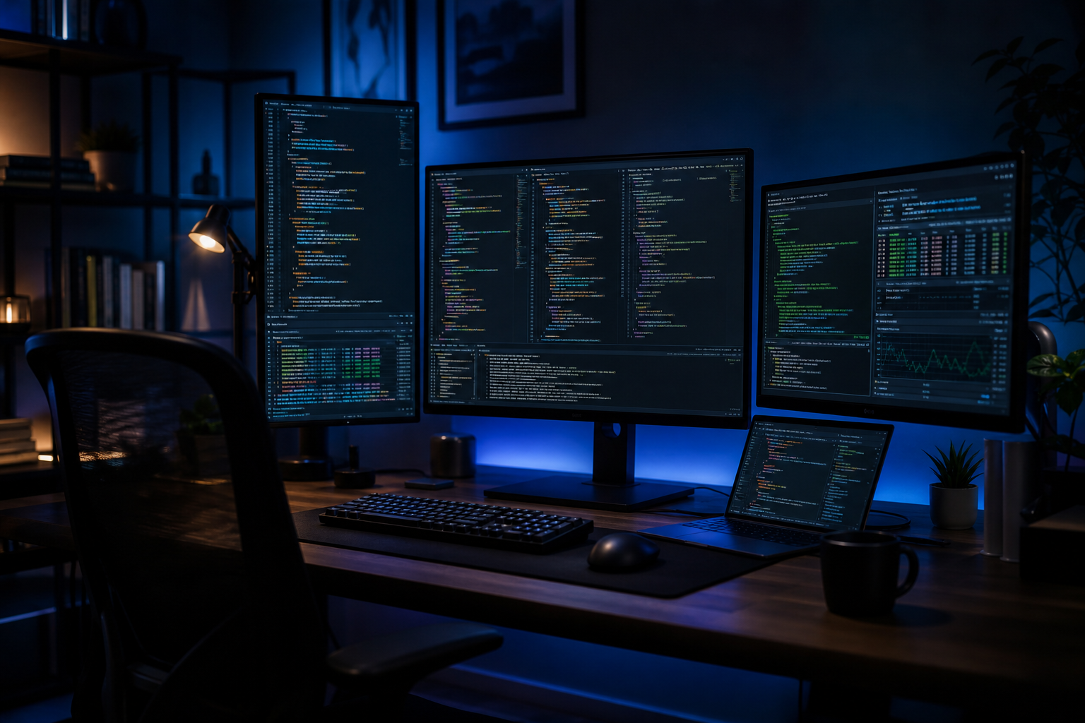Developer workspace with code on screens