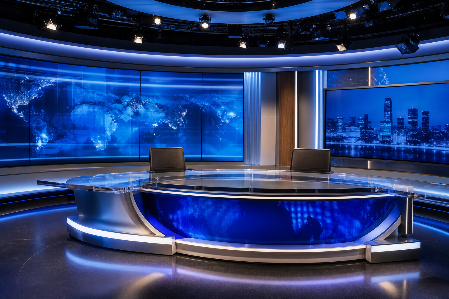 Modern television news broadcast studio