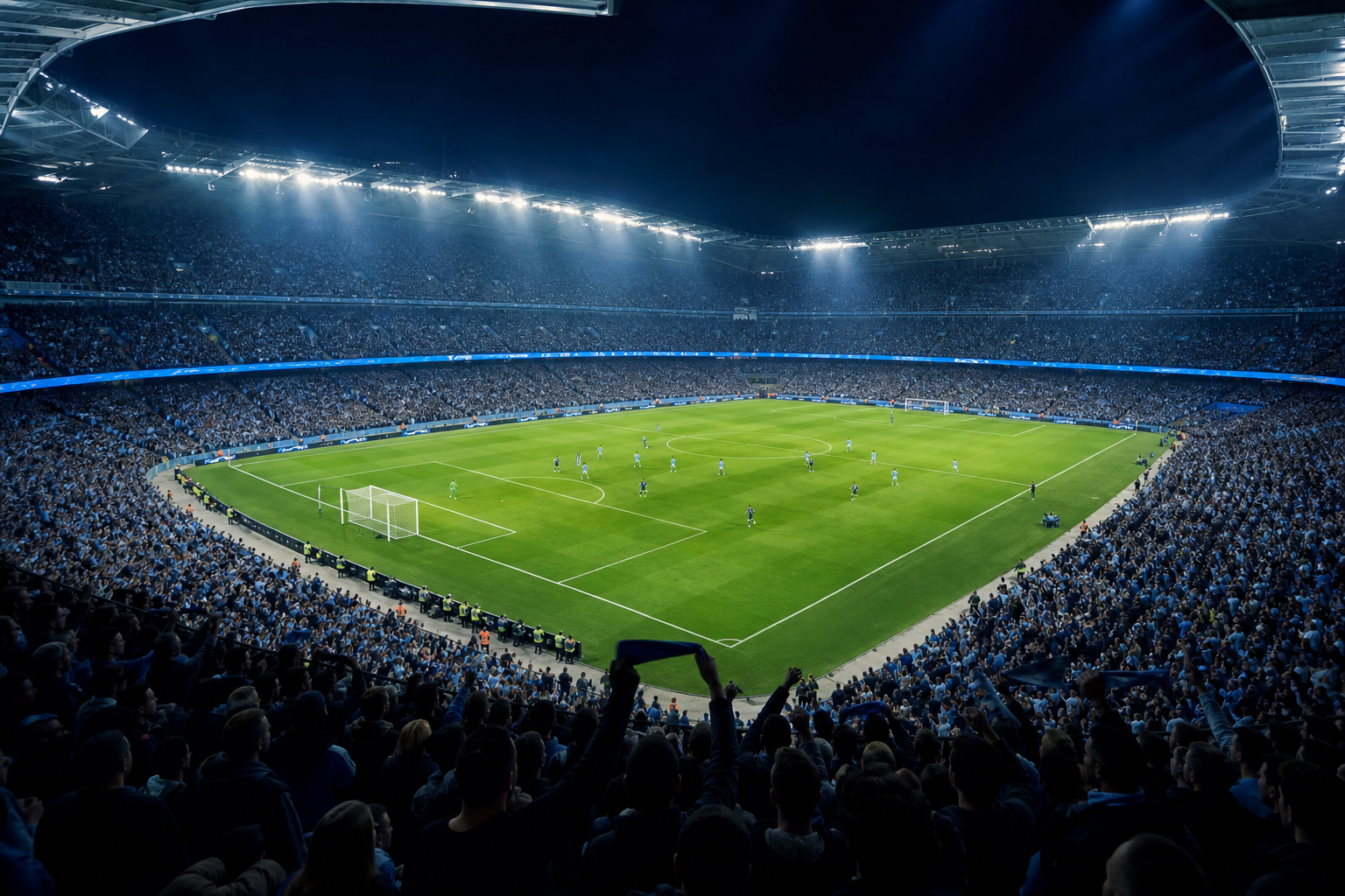 Packed sports stadium at night under floodlights