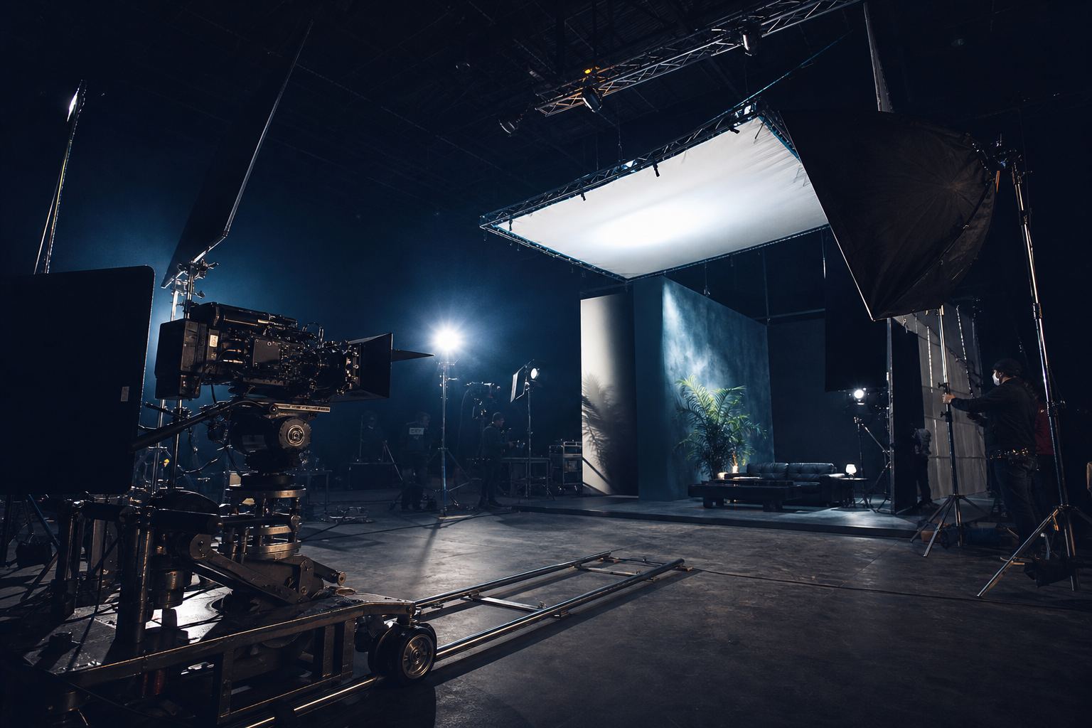 Film production soundstage with camera and lighting rigs