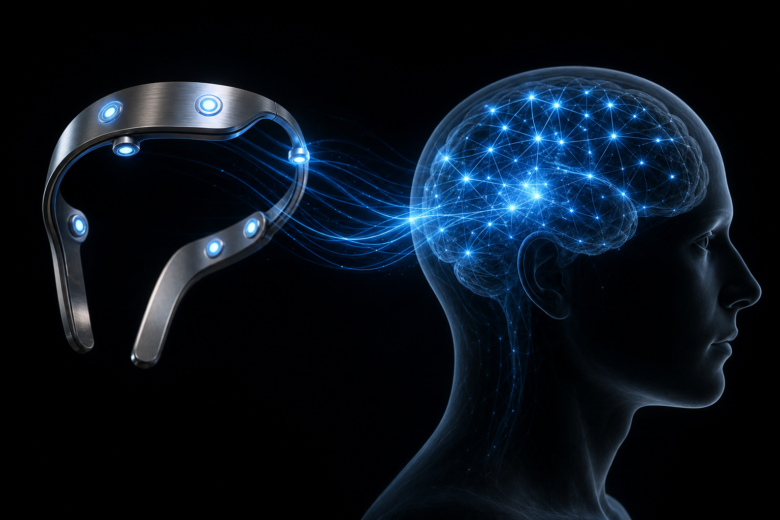 DreamLink neural interface headband linked to a glowing brain